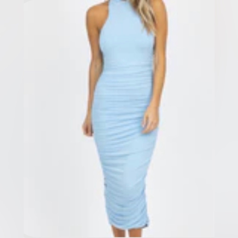 Blue mock neck ruched midi dress